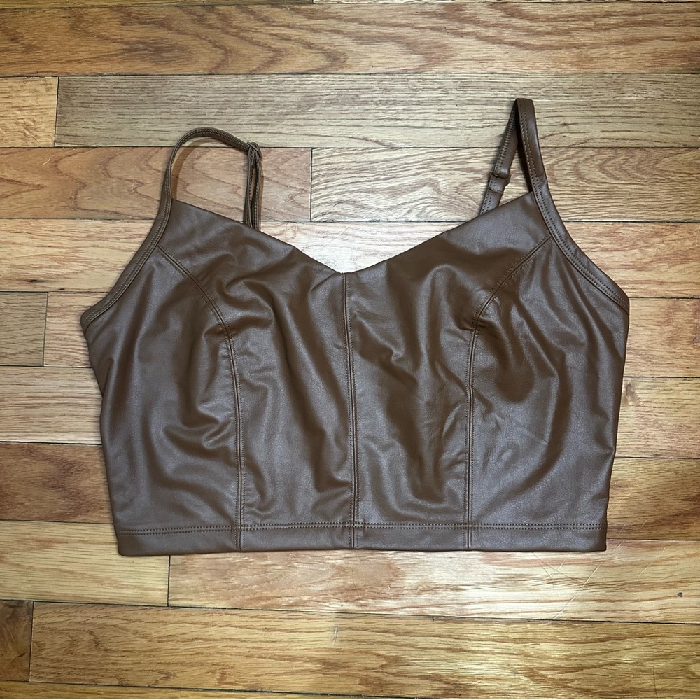 Aerie Offline Real Luxe Recharge Brown Faux Leather Crop Top Stretch‎ Medium